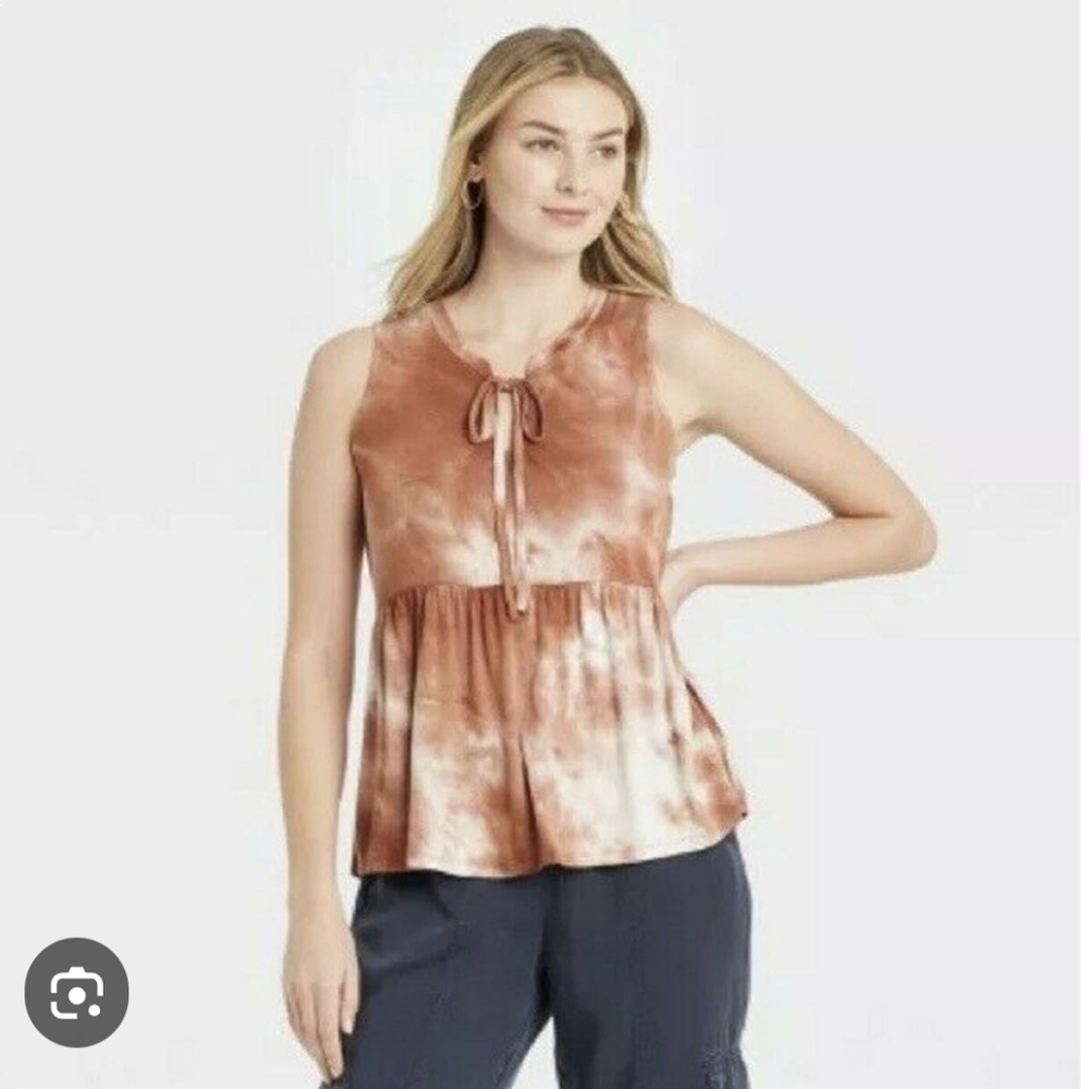 Knox Rose Tie-Dye Sleeveless V-neck Tie Front Ruffled Hem Rust White Medium  EUC